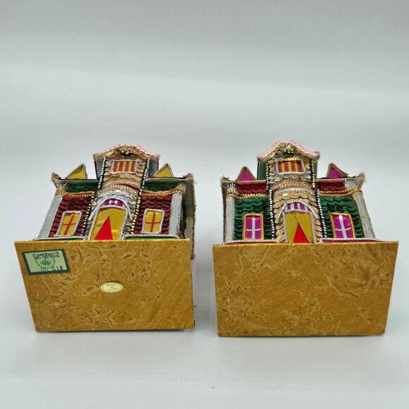 Lot of 5 Vintage The Bombay Company Christmas Putz Sequin Trinket Box Houses - Picture 9 of 16